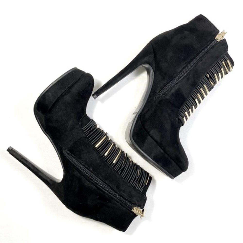 Bebe Black Suede Booties with Front Gold Accents